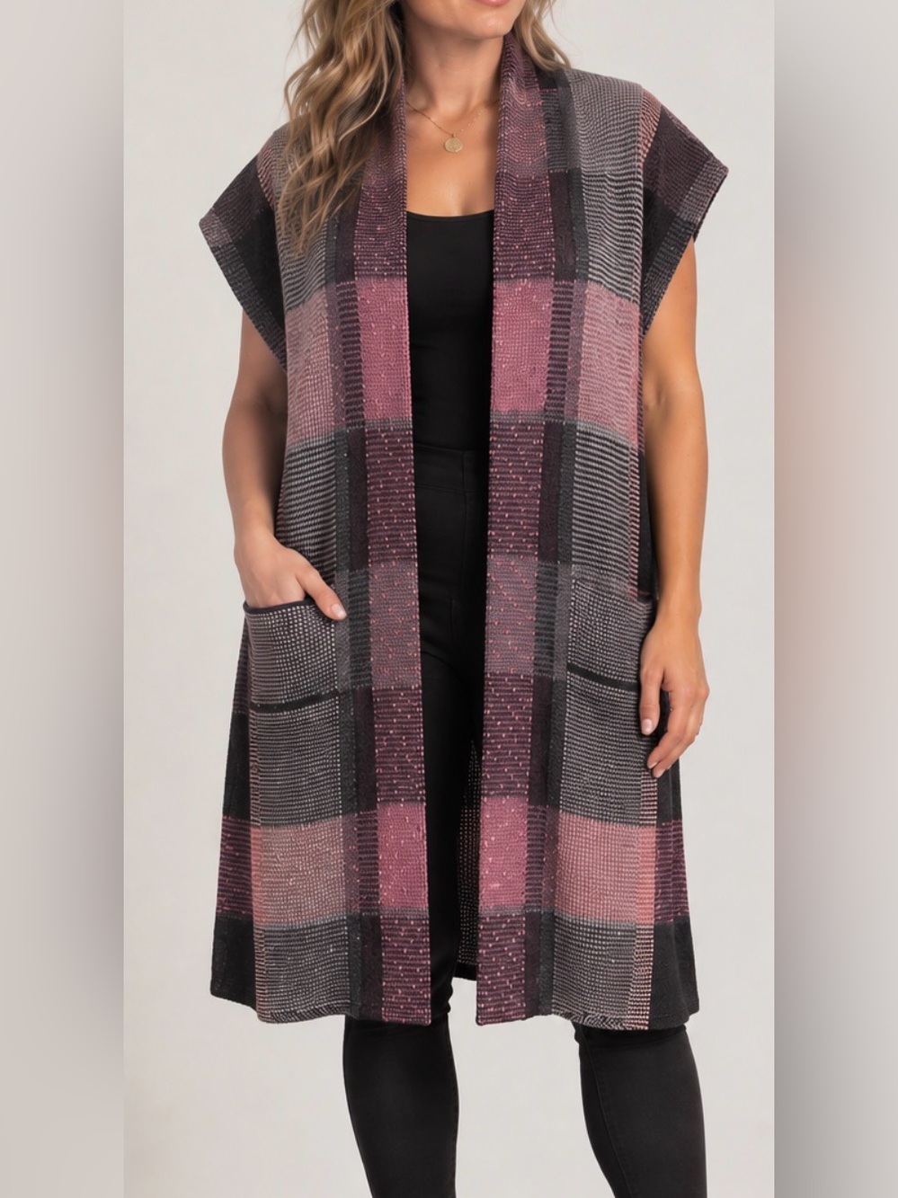 Chaps Plaid Sleeveless Longline Sweater Vest L/XL Mauve Gray NWOT